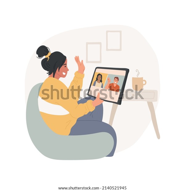 Videochat with friends isolated cartoon vector\
illustration. Online communication, video chat friends meeting,\
person waving hand, sitting with tablet, screen divided in two\
vector cartoon.