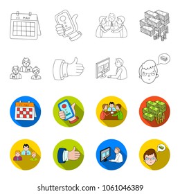 Videoconference, business thoughts, a badge of okay.Bizneskonferentsiya and negotiations set collection icons in outline,flet style vector symbol stock illustration web.