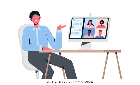 Videoconferencia con colegas. Videollamada corporativa, discusión distante, chat web, reunión en línea. Trabajo remoto. Trabajar desde casa. Concepto de trabajo en equipo durante la cuarentena. Ilustración vectorial plana
