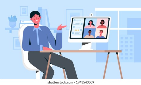 Videoconference with colleagues. Corporate video call, distant discussion, web chatting, online meeting. Remote work. Work from home. Concept of teamwork during quarantine. Flat vector illustration