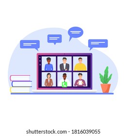 Videoconference of colleagues on the laptop screen. Remote work, communication via the Internet, video chat. Flat vector cartoon illustration.