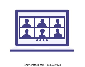 Videoconference concept. Different people are talking via video link. Colleagues and friends communicate remotely. Silhouettes on the laptop screen. Vector illustration