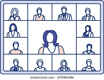 Videoconference concept. Men and women communicate online. Business, remote work. Remote study, discussion of projects and presentations.