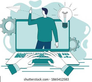 Videoconference.The concept of video tutorials, online education, online courses, Business negotiations using an online connection.Flat vector illustration.