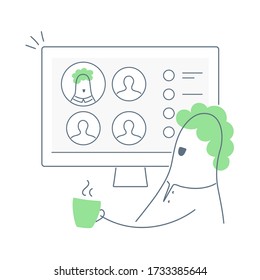 Videoconference, cute cartoon man sits in front of a computer monitor and makes a video conference call to his remote team. Flat thin outline cartoon vector illustration style