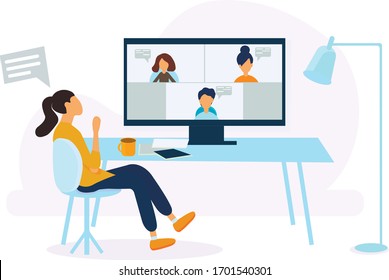 Videoconference. A group of people on a computer screen communicate with colleagues. Concept of video conferencing and online communication vector. Insulation. Vector illustration in flat style.