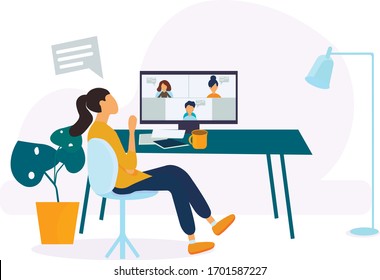 Videoconference. A group of people on a computer screen communicate with colleagues. Concept of video conferencing and online communication vector. Insulation. Vector illustration in flat style.