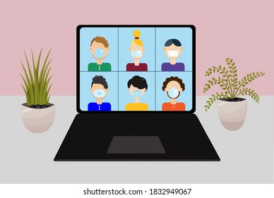 Videoconference illustration. Stay and work from home isolation. Workplace, a laptop screen home plants, people in protective masks are talking on the Internet. Streaming, chatting online, meeting