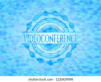 Videoconference light blue emblem. Mosaic background