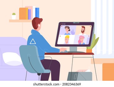 Videoconference on computer. Video call from home to office, group people communicate at virtual online conference web screen, work chat in zoom, splendid vector illustration. Videoconference concept