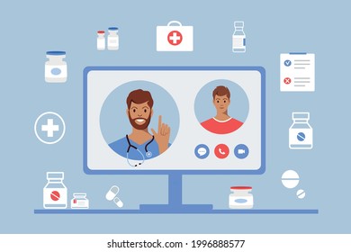 Videoconferencia, consulta en línea al médico. El médico aconseja al paciente en Internet. Ilustración vectorial plana.