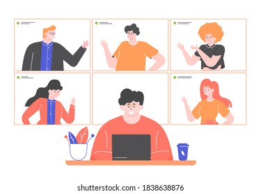 Videoconference, online meeting, remote team work. Man with a laptop is talking to colleagues. Vector flat illustration.