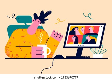 Videoconference, online meeting, remote work concept. Worker sitting using computer for collective virtual meeting and group video conference for work vector illustration 