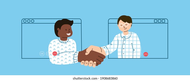 videoconference. Two men communicate via video communication. Handshake over the Internet. Distance business conference concept.