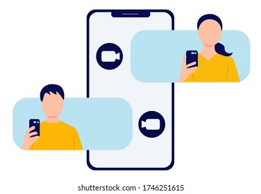 Videoconference using a smartphone, remote concept, vector illustration for web banner, infographics, mobile phone. people using technology work at home.