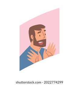 Videoconference and Web Meeting with Bearded Man Character Engaged in Online Communication in Real Time Vector Illustration