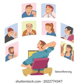 Videoconference and Web Meeting with People Characters Engaged in Online Communication in Real Time Vector Illustration