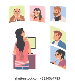 Videoconference and Web Meeting with People Characters Engaged in Online Communication in Real Time Vector Illustration Set