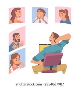 Videoconferencia y reunión web con personajes de personas que participan en comunicación en línea en el conjunto de ilustraciones de vectores en tiempo real