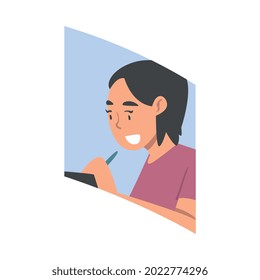 Videoconference and Web Meeting with Woman Character Engaged in Online Communication in Real Time Vector Illustration