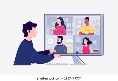 Videoconference, webinar. The concept of online meetings. Vector. Flat cartoon style. Illustration.