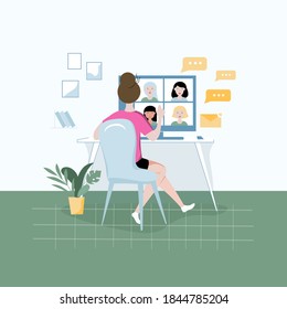 Videoconference. Zoom chat with colleagues. Online communication vector illustration. Remote work. Young woman speak with other people on computer at home. 