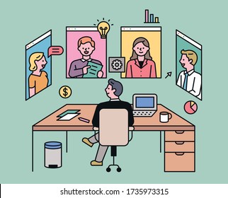 Videoconferencing business partners. flat design style minimal vector illustration.