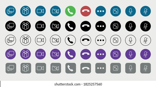 Videoconferencing and online meeting workspace. Set of Video call icons. Video conference. Collections buttons of on-line video chat app, internet talk, call technology. Web app ui display template. 