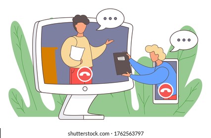 Videoconferencing and online meeting workspace. Video call chat conference illustration. Two men speaking over web camera via telephone and computer. People on computer screen talking with colleague