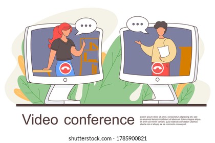 Videoconferencing, online meeting workspace. Video call chat conference illustration. Woman and man speaking over web camera communicating at distance. People on computer screen talking with colleague