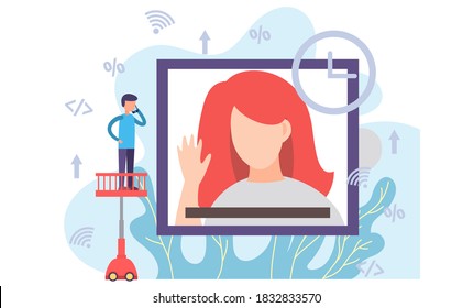 Videoconferencing, online meeting workspace. Video call chat conference illustration. Woman and man speaking over web camera, communicating at distance. Girl on computer screen talking with colleague