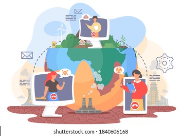 Videoconferencing, online meeting workspace. Video call chat conference. Women and man speaking over web camera, communicating at distance, talking with colleague about hazardous air pollution
