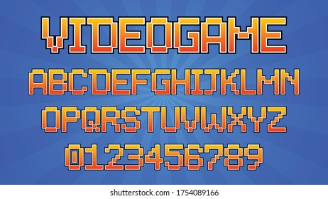 Videogame alphabet vector font on a blue background