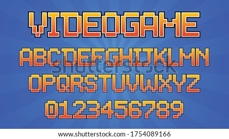 Videogame alphabet vector font on a blue background