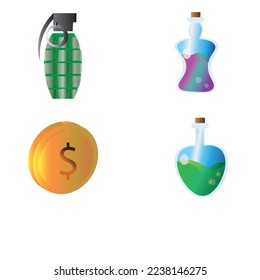 Videogame asset graphics set of potion, grenade and coins 