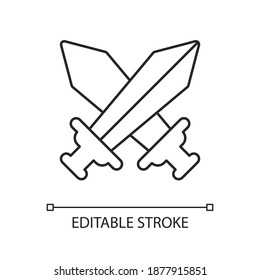 Videogame battle linear icon. Competitive game, PVP mode thin line customizable illustration. Contour symbol. Electronic entertainment. Crossed swords vector isolated outline drawing. Editable stroke