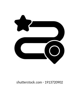 Videogame campaign black glyph icon. Digital game menu element. Player progress tracking. Travel route silhouette symbol on white space. Path with start and finish vector isolated illustration