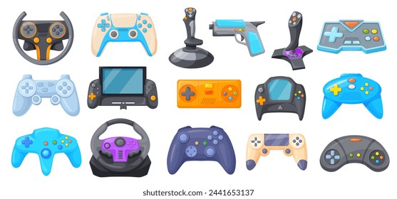 Videogame cartoon controllers. Console game joystick and gamer controller, gaming leisure remote control or wireless gamepad for computer games neat vector illustration of controller console