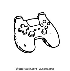 Videogame controller with analog joysticks, vector doodle drawing of a console game controller, isolated on white background.