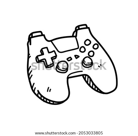 Videogame controller with analog joysticks, vector doodle drawing of a console game controller, isolated on white background.