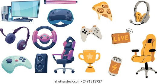 Videospielgeräte eingestellt. Fernbedienung Gadget: Controller, Joystick. Spielekonsole, Computer, Gamepad, Kopfhörer, vr. Gamer-Zubehör, Cybersport-Spielzeug. Flache einzelne Vektorillustration auf Weiß