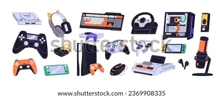 Videogame devices set. Remote control gadget: controller, joystick. Game console, computer, gamepad, headphone, vr. Gamer accessory, cybersport player toys. Flat isolated vector illustration on white