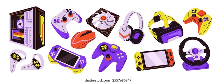 Videogame devices set. Stickers with gamepad, computer, VR glasses, headphones, game console and other remote control gadgets. Cartoon flat vector illustration collection isolated on background