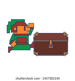 Videogame elf character and chest pixelated isolated vector illustration graphic design