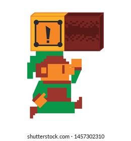 Videogame elf character jumping to suprise box pixelated isolated vector illustration graphic design