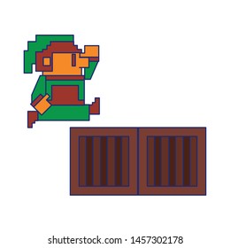 Videogame elf character pixelated jumping chest isolated vector illustration graphic design