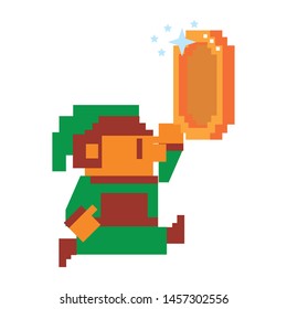 Videogame elf characterwith coin pixelated isolated vector illustration graphic design