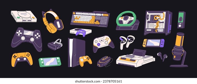 Videogame-Set. Spielkonsole, Computer, Gamepad. Gamer-Gerät, Zubehör. Cybersport-Spieler-Gadget: Controller, Joystick, Rad, Tastatur. Spielmaschinen. Flache einzelne Vektorgrafik