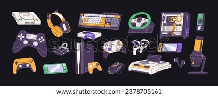 Videogame equipment set. Game console, computer, gamepad. Gamer device, accessory. Cybersport player gadget: controller, joystick, wheel, keyboard. Playing machinery. Flat isolated vector illustration