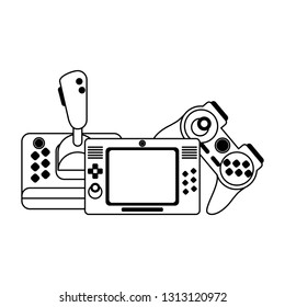 Videogame gamepads and console in black and white